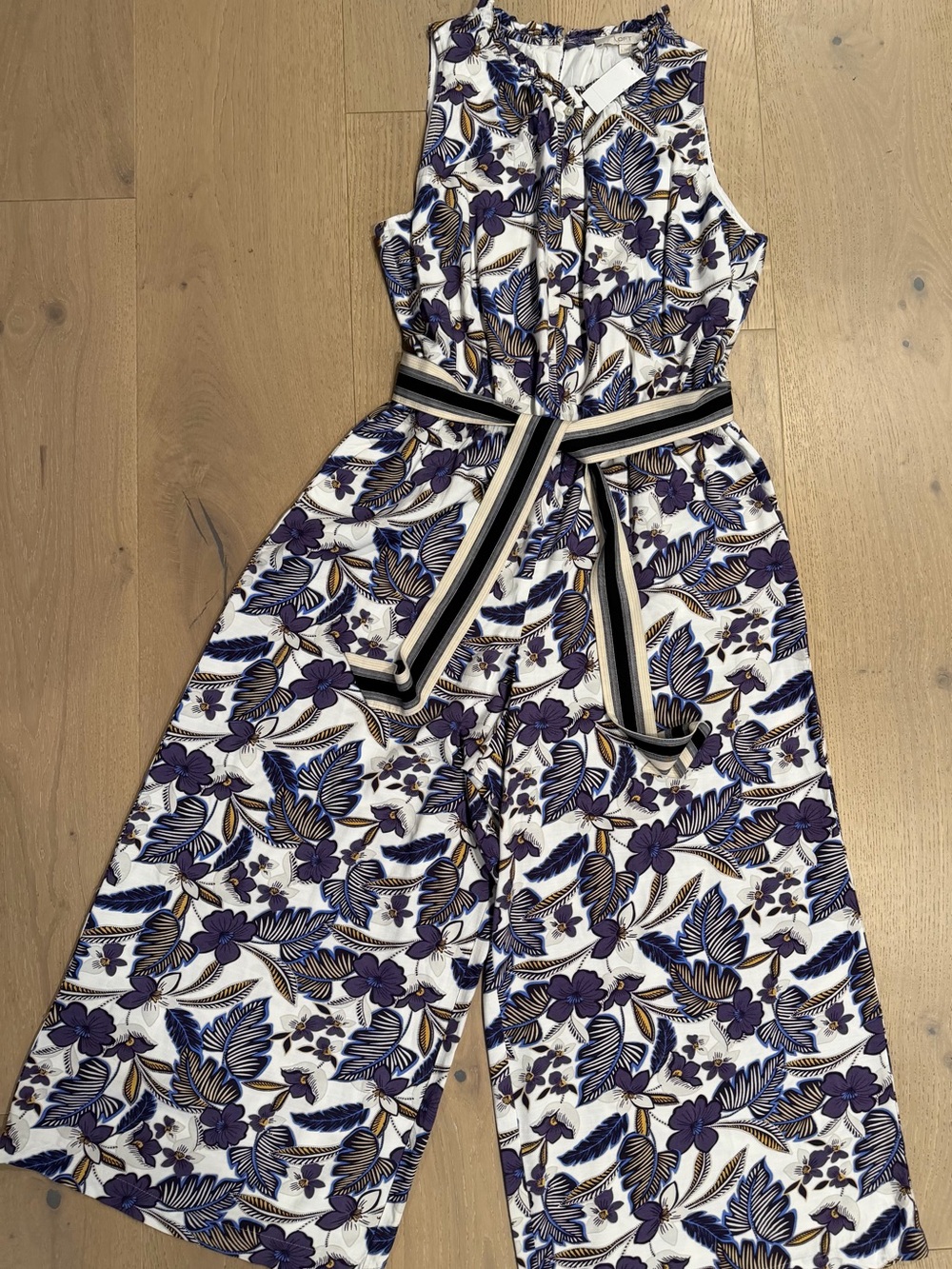 NWT LOFT White Jumpsuit with Purple and Gold Leaf Print
